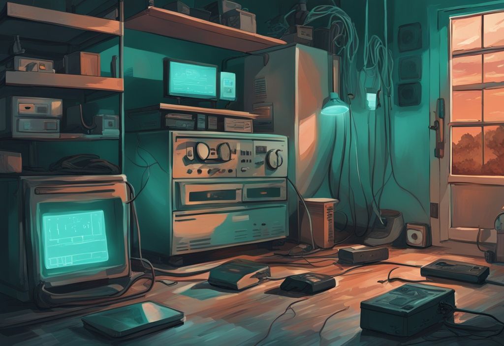 Moderne digitale Illustration mit Teal-Farbschema, die einen Notstromwechselrichter während eines Stromausfalls zeigt, an den verschiedene elektronische Geräte angeschlossen sind.