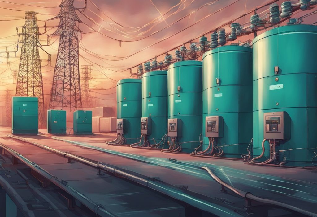 Moderne digitale Illustration einer High-Tech-Batteriespeicheranlage in Teal, die mit einem Stromnetz verbunden ist und die Speicherung von Strom symbolisiert.